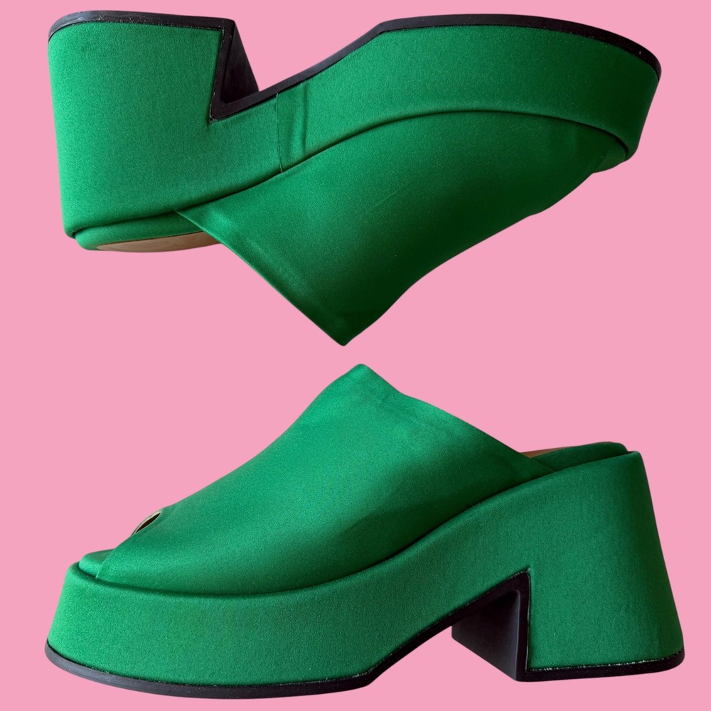 GANNI Green Satin Platform Mule Slide Sandal Block Heel Scandi Maximalist 40